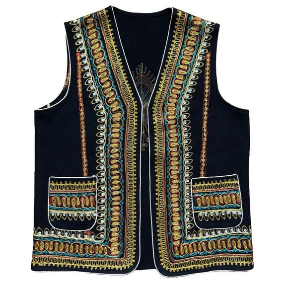 VTG 70s 80s Velvet Vest Embroidery Boho Women’s Size S-M Black Gold Jimi Hendrix - Picture 1 of 8